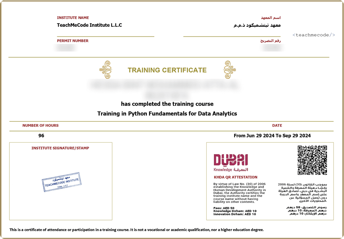 A TeachMeAI KHDA training certificate, with the graduate name and the permit number redacted